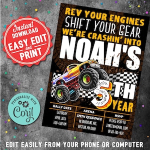 Monster Truck Rally 5th Birthday Party Invitation Boys DIY Printable Editable Instant Digital Download Monster Truck Birthday Gift Kids