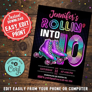 Roller Skating 10th Birthday Digital Invitation Girls DIY Printable Editable Instant Digital Download Retro Roller Skate Party Invite