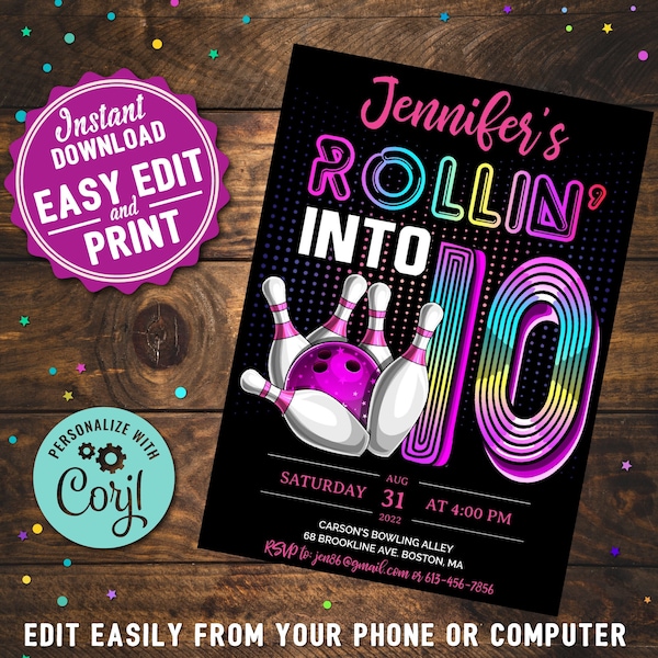 Retro Bowling 10. Geburtstag Einladungskarte zum 10.Geburtstag (Digitaler Download)