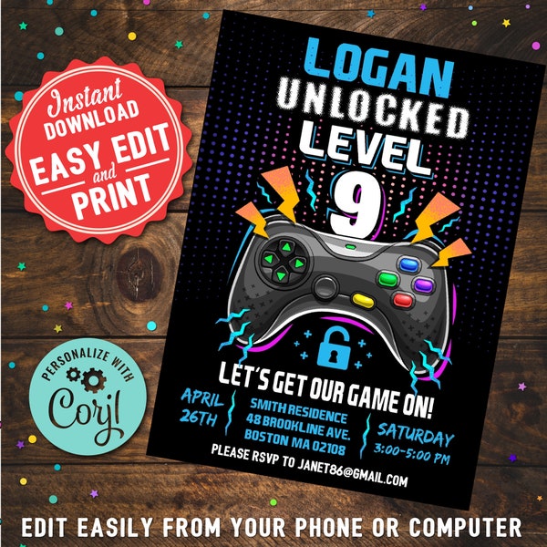 Video Game Level 9 Unlocked Birthday Party Invitation Boys Printable Editable Instant Digital Download Template Video Game 9th Birthday Gift