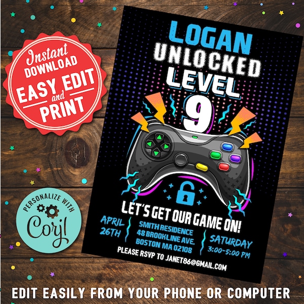 Invitación de cumpleaños de videojuego de nivel 9 desbloqueado (descarga digital)