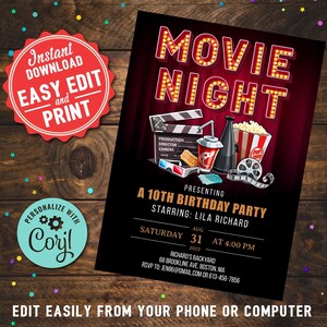Backyard Movie Night Birthday Party Invitation Kids Printable Editable ...