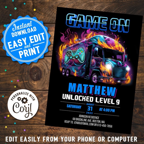 Video Gaming Truck Birthday Party Invitation Boys DIY Printable Editable Instant Digital Download Gamer Birthday Invite