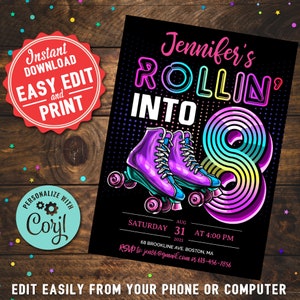 Roller Skating 8th Birthday Digital Invitation Girls DIY Printable Editable Instant Digital Download Retro Roller Skate Party Invite