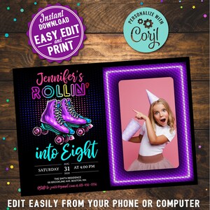 Roller Skating Birthday Photo Digital Invitation Girls DIY Printable Editable Instant Digital Download Retro Roller Skate Party Invite