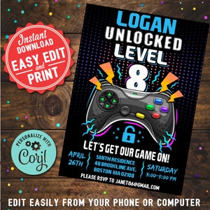 Video Game Level 8 Unlocked Birthday Party Invitation Boys Printable Editable Instant Digital Download Template Video Game 8th Birthday Gift