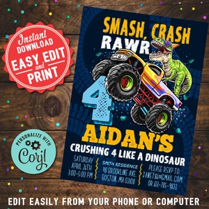 Dinosaur Monster Truck 4th Birthday Invitation (Digital Download)