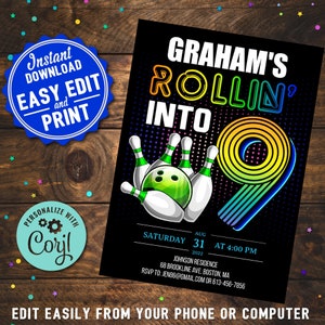Retro Bowling 9th Birthday Party Invitation (Digital Download)