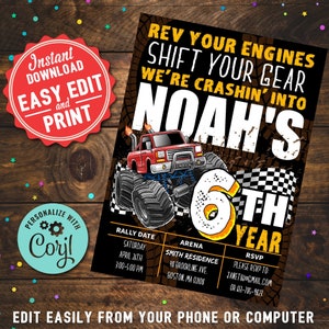Monster Truck 6th Birthday Invitation: Rally Party, DIY Printable (Digital Download)