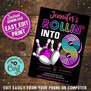 Retro Bowling 8th Birthday Invitation: Editable DIY Printable (Digital Download)