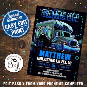 Video Gaming Truck Birthday Party Invitation Boys DIY Printable Editable Instant Digital Download Gamer Birthday Invite