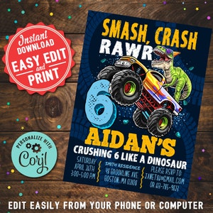Dinosaur Monster Truck 6th Birthday Invitation (Digital Download)