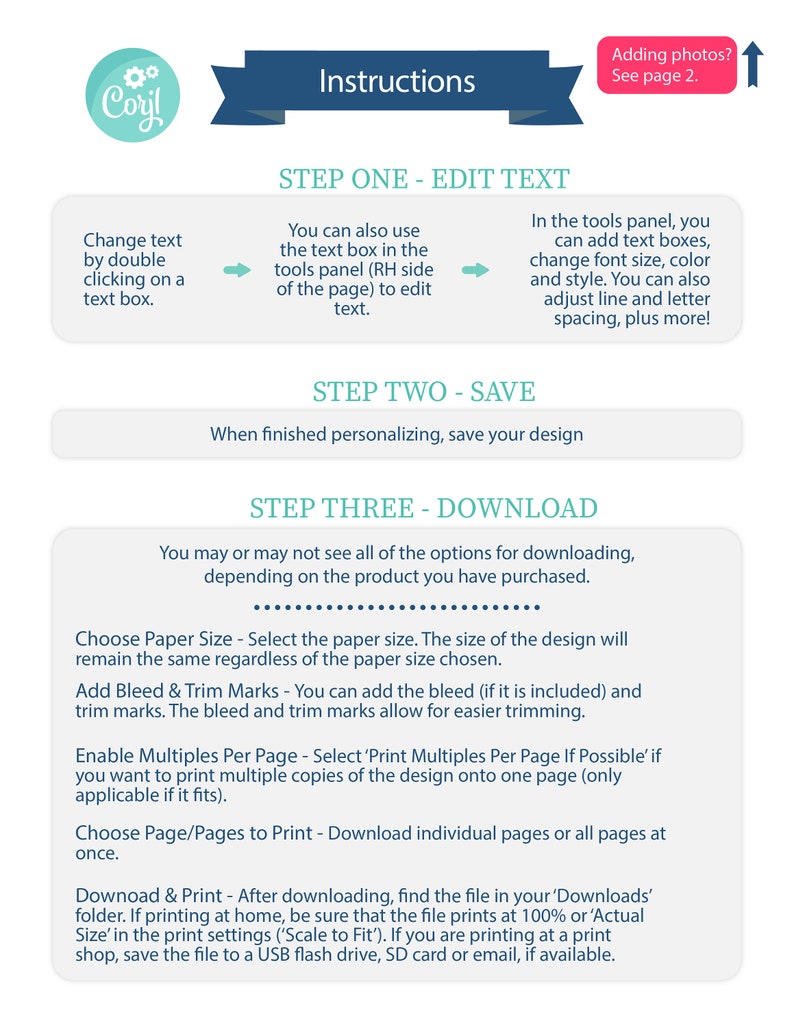 May include: A colorful infographic with instructions on how to edit, save, and download a design. The steps include editing text, adding photos, choosing paper size, and printing options.