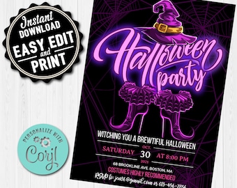 Witch & Cobweb Halloween Party Invitation: Editable Digital Download
