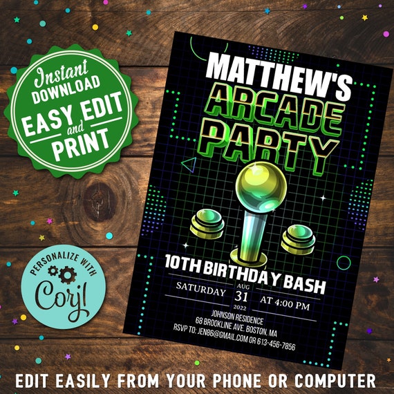 Arcade Birthday Party Invitation Boys Printable Editable | Etsy