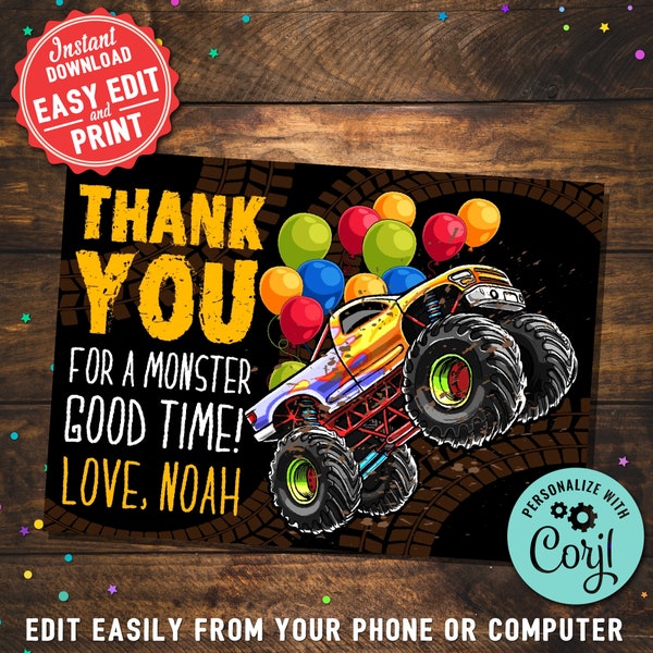 Monster Truck Rally Birthday Party Thank You Card DIY Printable Editable Instant Digital Download Monster Truck Birthday Thank You Note