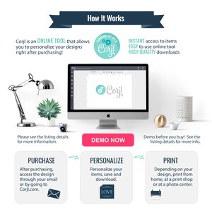May include: A graphic showing how to use Corjl, an online tool to personalize designs. The graphic shows a computer screen with the Corjl logo, a purchase button, a personalize button, and a print button. The graphic also includes text explaining the steps involved in using Corjl.