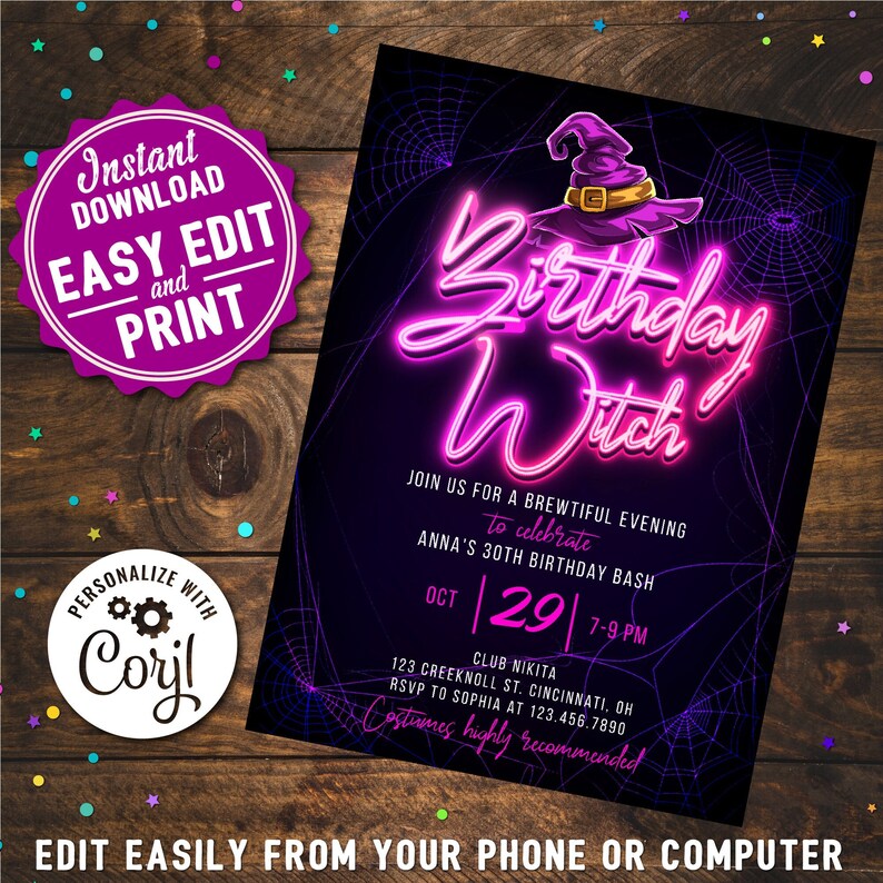 May include: A neon pink and purple birthday invitation with a witch's hat and spiderwebs. The text reads "Birthday Witch" and "Join us for a brewtiful evening to celebrate Anna's 30th Birthday Bash". The date is October 29th, 7-9 PM. The location is Club Nikita, 123 Creeknoll St. Cincinnati, OH. RSVP to Sophia at 123.456.7890. Costumes highly recommended.