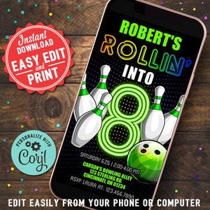 Bowling Birthday Mobile Phone Electronic Invitation Boys Editable Instant Digital Download Bowling Birthday Invite Smartphone Evite
