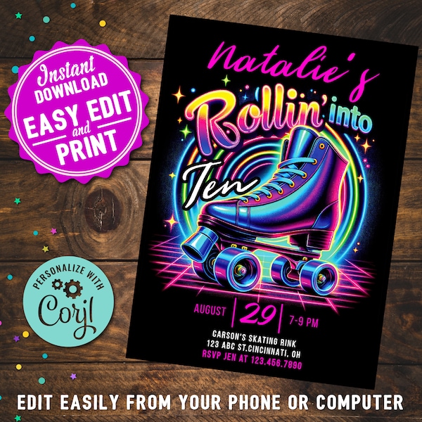 Roller Skating Birthday Digital Invitation Girls DIY Printable Editable Instant Digital Download Retro Roller Skate Party Invite