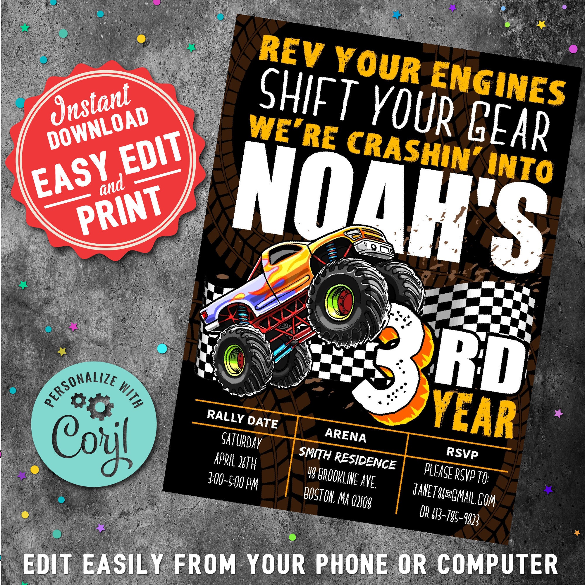 Monster Truck Rally 3rd Birthday Party Invitation Boys DIY Etsy