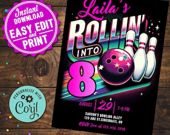 Bowling Party Birthday digital download Invitation Girls DIY Printable Editable Instant Digital Download Retro Bowling Party Invite