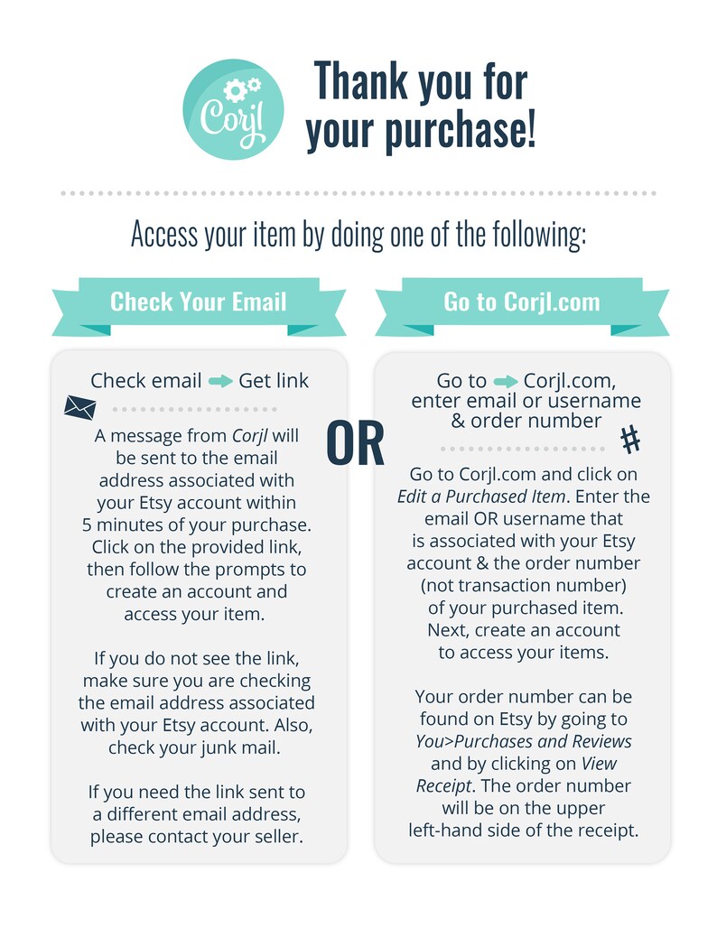 May include: A turquoise and white graphic with the text "Thank you for your purchase!" and instructions on how to access your purchased item. The graphic includes two options: "Check Your Email" and "Go to Corjl.com".