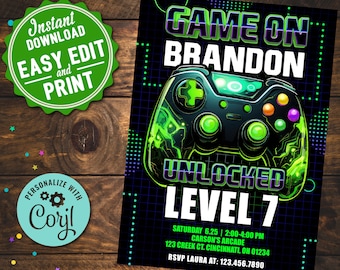 May include: A green and black video game controller with the text "Game On Brandon" and "Unlocked Level 7" on a black background. The text "Saturday 6.25 | 2:00-4:00 PM Carson's Arcade 123 Creek Ct. Cincinnati, OH 01234 RSVP Laura At: 123.456.7890" is also on the invitation.