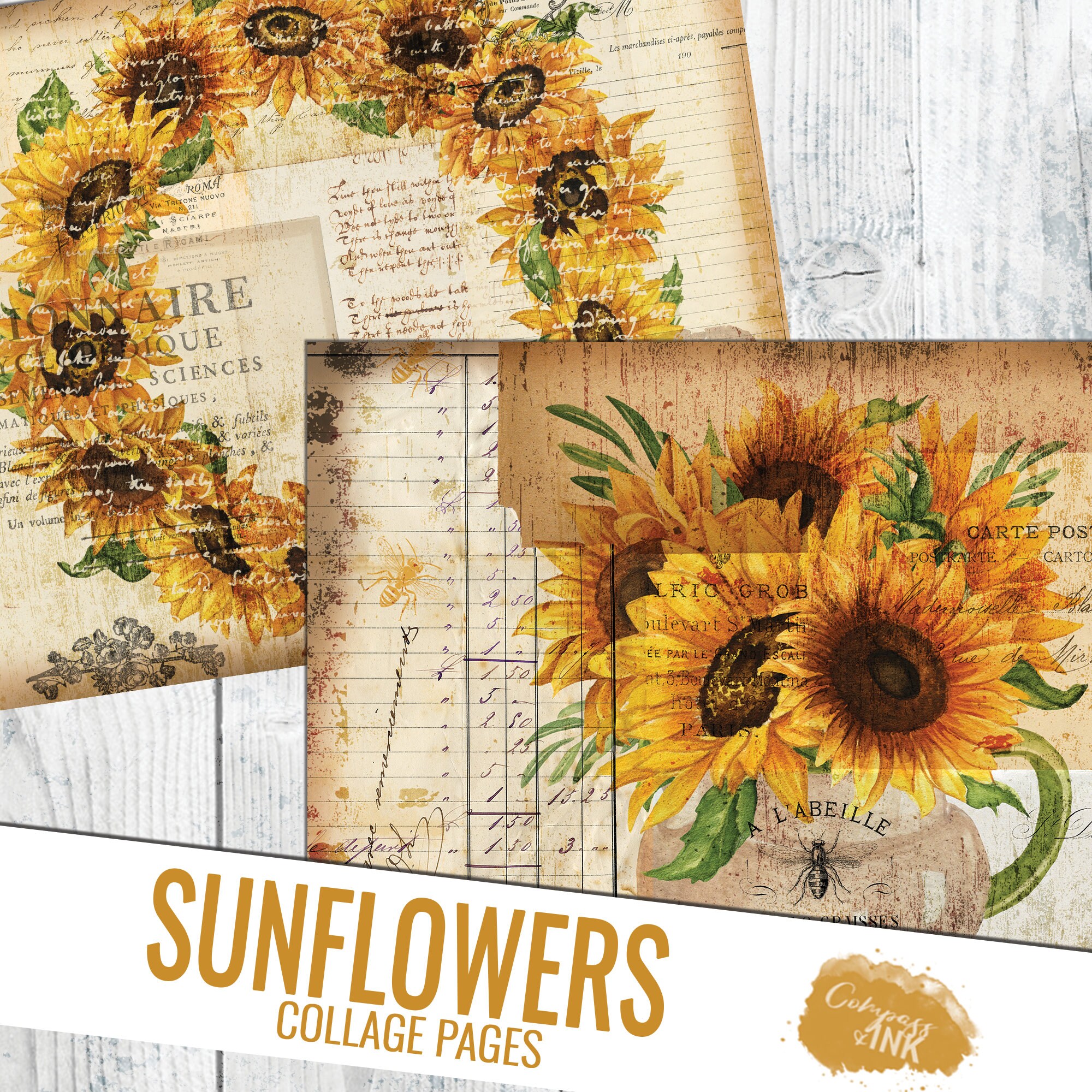 Sunflower Junk Journal Kit Sunflower Collage Pages Junk Etsy