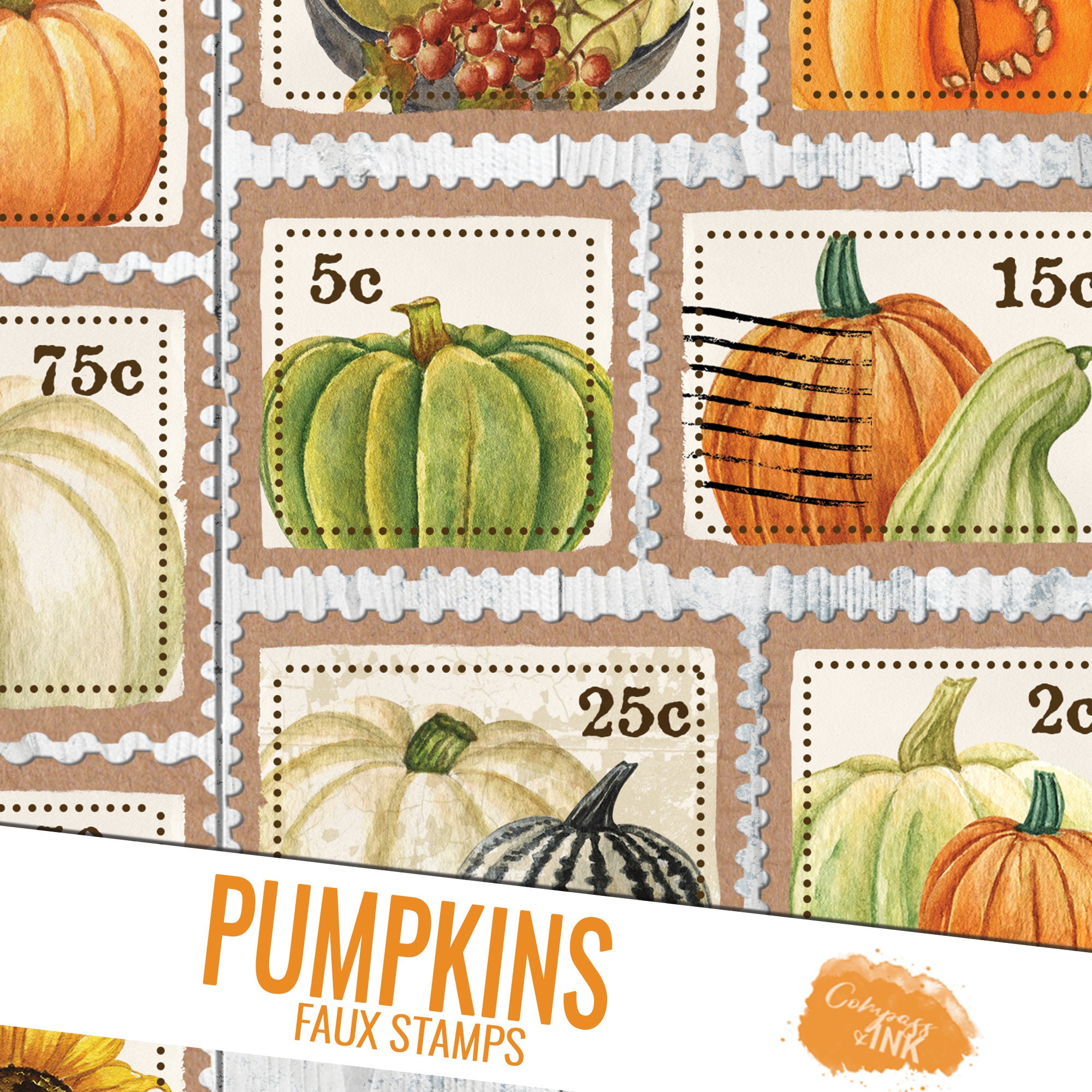 Vintage Faux Pumpkin Stamps Autumn Ephemera Fall Stamp Etsy