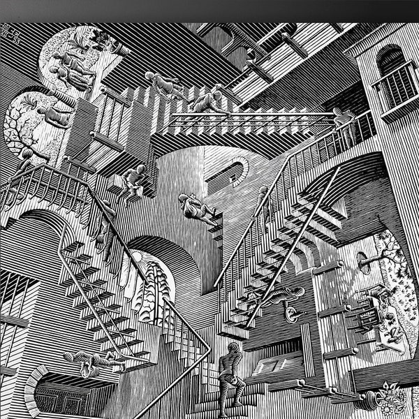 Relativity Lithograph print by the Dutch artist M. C. Escher, Canvas Painting Print Surrealism Wall Art Optical illusion Geometric Gravity