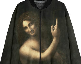 May include: A black bomber jacket with a full-color print of a Renaissance painting of a man. The painting is centered on the jacket and covers the front and back.