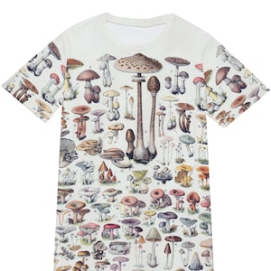 T-shirt met paddenstoelenpatroon all-over print | Botanische illustraties van schimmels | 100% katoen | Mycologiekaart | Maten XS-5XL