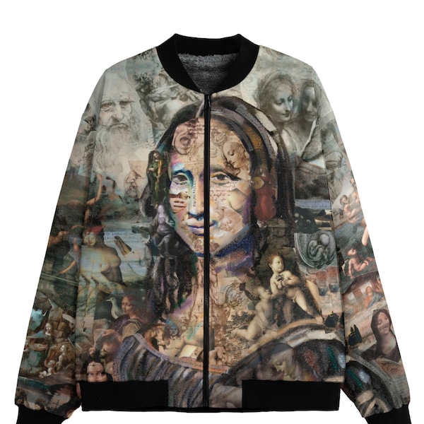 Leonardo da Vinci Mona Lisa Fleece Bomber Masterpiece Surreal Collage Artwear Most Famous Classic Artist Fashionable Apparel