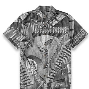 May include: Black and white short-sleeved button-down shirt with a graphic print of a repeating pattern of staircases and figures.