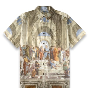 May include: A short-sleeved button-down shirt with a print of a famous Renaissance painting. The painting depicts a group of people gathered in a room with arched ceilings. The shirt is made of a lightweight fabric and has a relaxed fit.