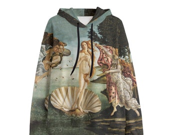 May include: A hooded sweatshirt with a colorful print of a famous Renaissance painting, featuring a woman standing on a seashell. The painting is set against a blue sky with clouds and a green landscape.