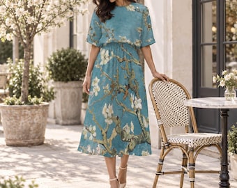 Vincent van Gogh Almond Blossom Midi Dress: Blue Floral Print, Elastic Waist