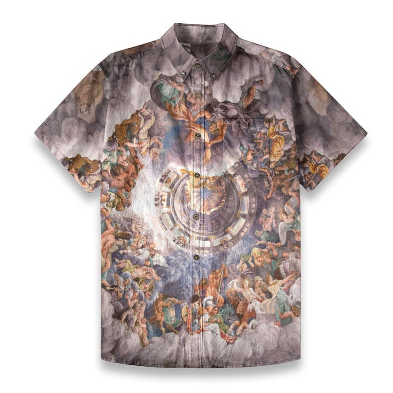 May include: A short-sleeved button-down shirt with a colorful print of a Renaissance-era painting depicting a scene from the heavens. The print features a circular design with figures and clouds.