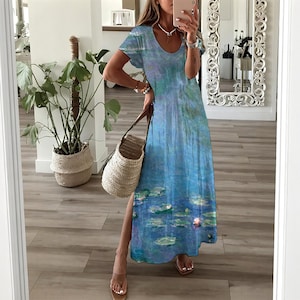 Monet Water Lilies Maxi Dress: Bohemian Impressionist Art, Recycled Fabric