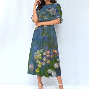 Claude Monet Water Lilies Women's Waist Dress - Artistic Floral Fashion