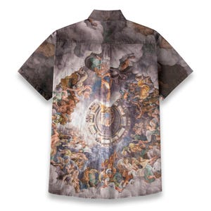 May include: A short-sleeved button-down shirt with a colorful print of a Renaissance-era painting depicting a scene of angels and clouds.
