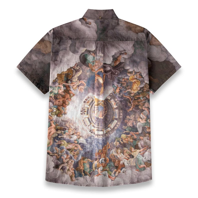 May include: A short-sleeved button-down shirt with a colorful print of a Renaissance-era painting depicting a scene of angels and clouds.