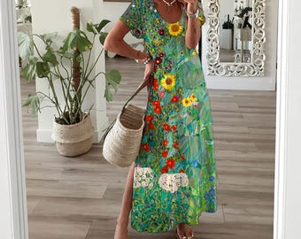 Gustav Klimt Sunflower Maxikleid : Boho Recycled Polyester V-Ausschnitt