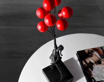 Balloon Girl Flying Sculpture — Resin Statue 57 Cm, White/red or
