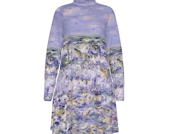 Monet "Waves Breaking" Dress: Impressionist Art High Neck Long Sleeve