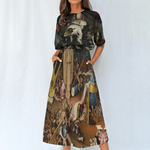 The Garden of Earthly Delights Right Panel Women's Waist Dress - Hieronymus Bosch Unique Artistic Apparel, Fantasy Hell Fashion Wearable Art