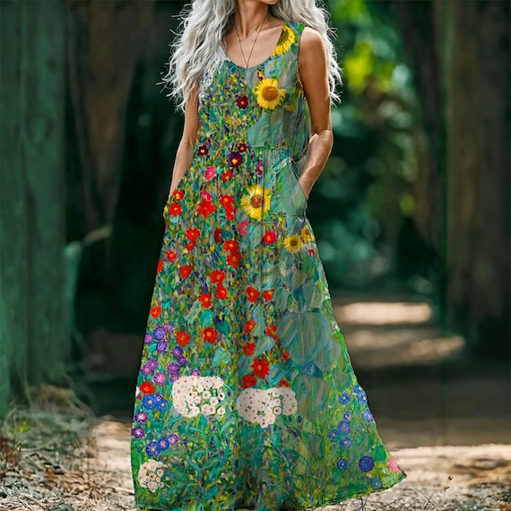 chinese dress ladies Sunflower Maxi Dress – Backless 100% Cotton Floral Midi main image 1