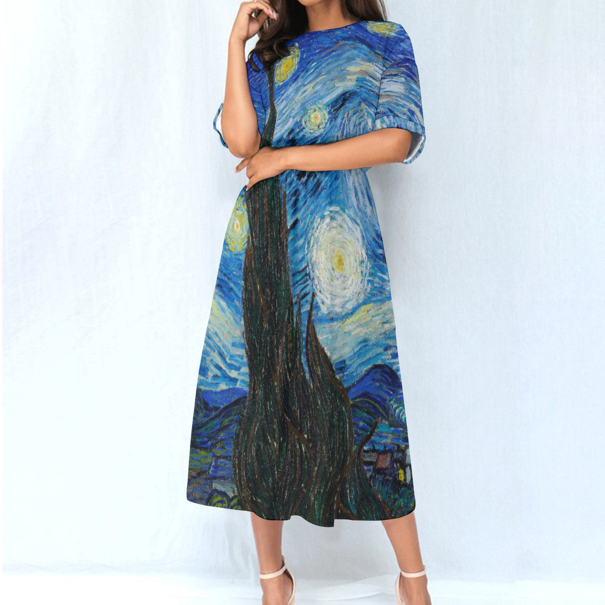 The Starry Night Vincent Van Gogh Art Women's Waist Dress - Celestial Sky Fashion Famous Painting Art Saint Rémy, June 1889