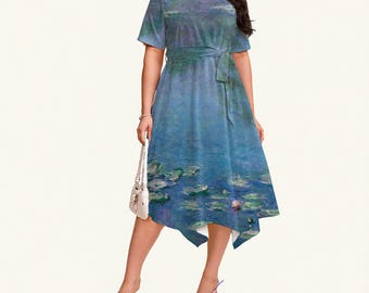 Vestido midi de seda color leche con diseño de nenúfares de Monet: estampado artístico con cinturón